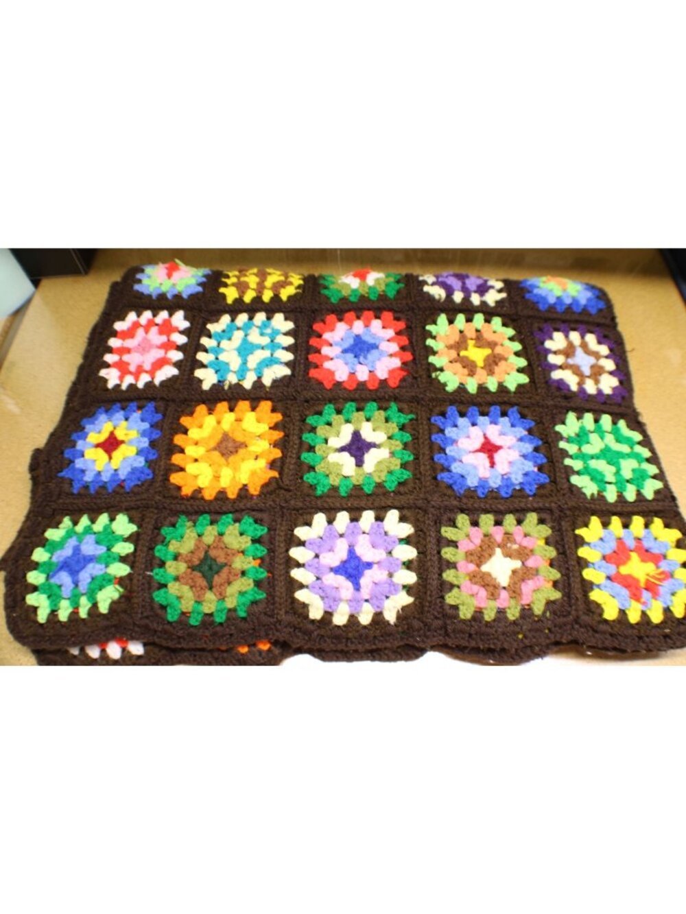 Handmade Crochet Granny Square Blanket Multicolor Patterns Brown Borders 56x76"